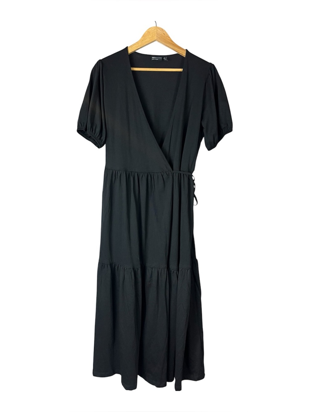 ASOS DESIGN Black Short Sleeve Tiered True Wrap Deep V Neck Midi Dress Size 12